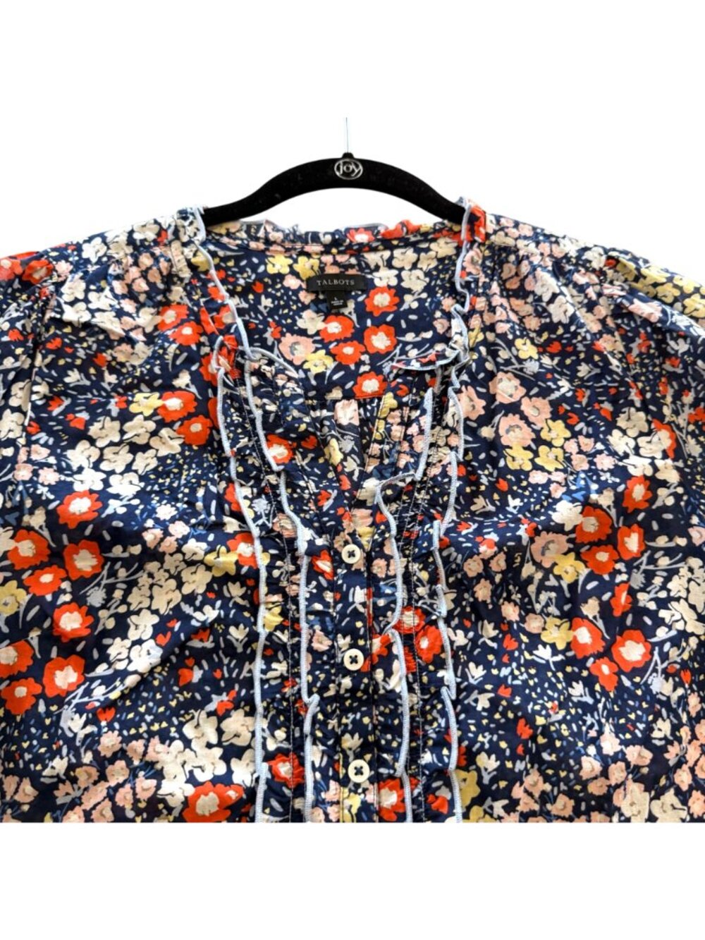Talbots Ruffle Trim Top L Womens Navy Blue Floral Cotton Short Sleeve Blouse - Picture 3 of 10